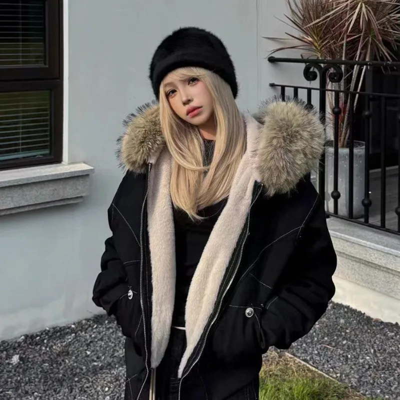 

YYAHAHAS American Fashion Retro Parkas Big Fur Collar Winter Thick Design Jacket Hooded Short Cotton Coat Female Clothing