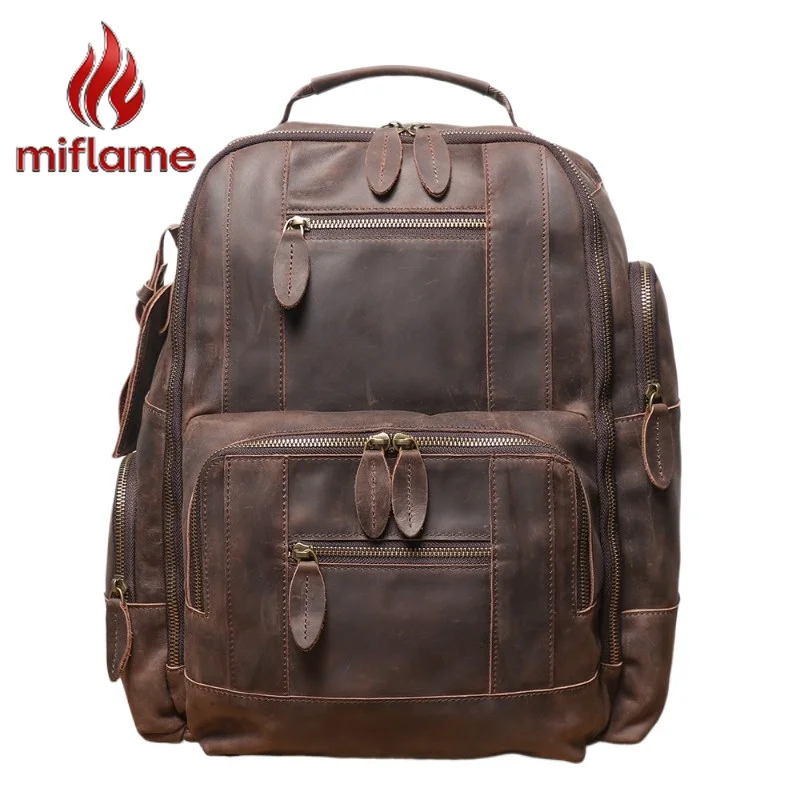 Men's European Vintage Top Grain Leather Laptop Backpack with Luggage Sleeve Multifunctional Business Travel