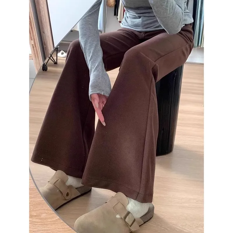 Spring New Style Women's High Waist Slim Fit Jeans Coffee Color Micro Flared Elastic Denim Pants Long Leg Length Cotton Stretch