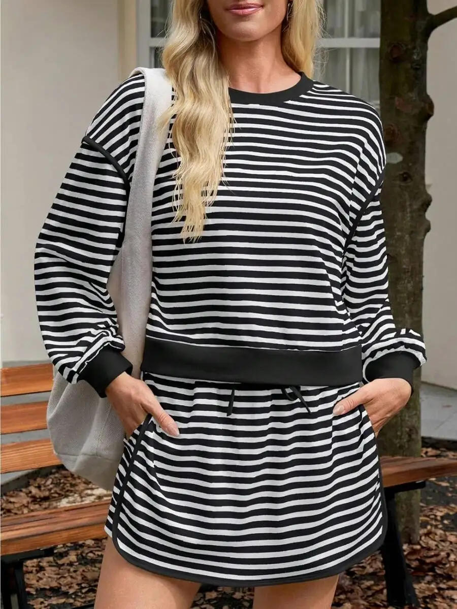 

Striped Drop Shoulder Sweatshirt And High Waist Skort Set Women Casual Two Piece Outfit