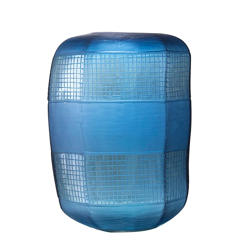 Large blue matte check round mouth high-grade glass vase ornament decoration