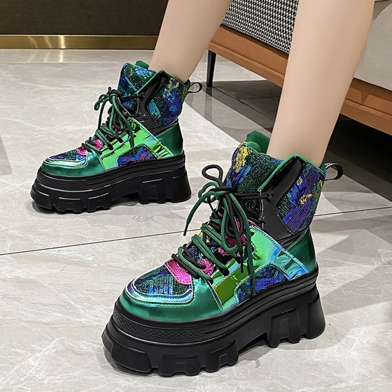 

Fashion Glitter Motorcycle Boots Women Gothic Chunky Platform Ankle Boots Autumn Winter Thick Bottom Lace Up Punk Shoes Woman
