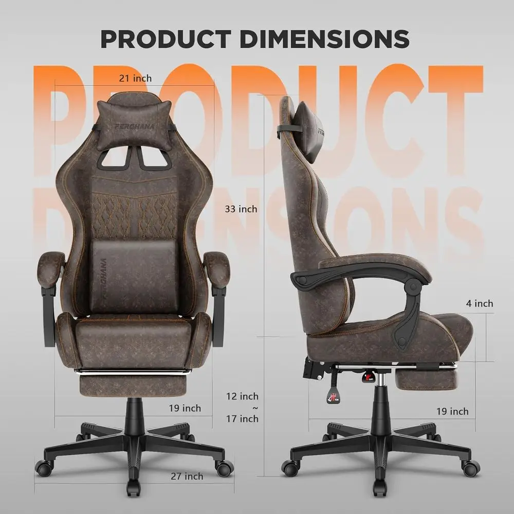 Ergonomic Vintage-Style PU Leather Gaming Chair with Massage, High-Back Recliner for Adults, Racing-Inspired Video Game Seat (Br view 3