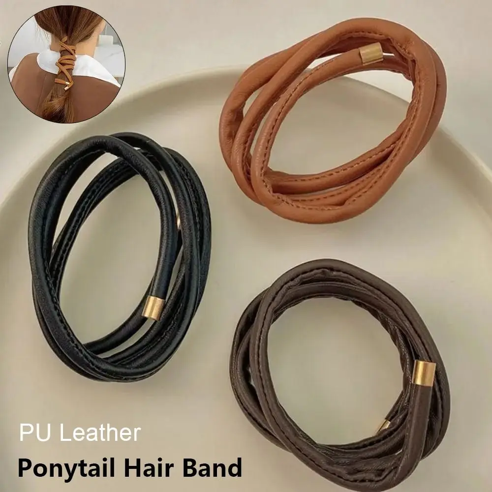 

1Pcs Korean Style Ponytail Hair Band Solid Color Flexible Bend Ponytail Holder Rope PU Leather Hair Accessories