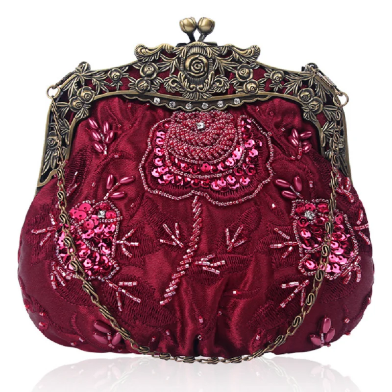 New Chinese Style Fashion Classical Embroidered Bead Flower Cosmetic Bag Women's Chains Clutch Bags Purse Evening Party Handbag