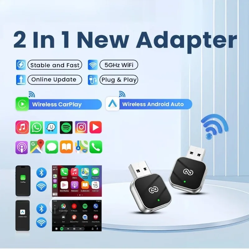 Adattatore Carplay wireless 2 In1 Android Auto Smart USB Dongle Plug and Play per GMC Audi Porsche MG Opel Chery Hyundai