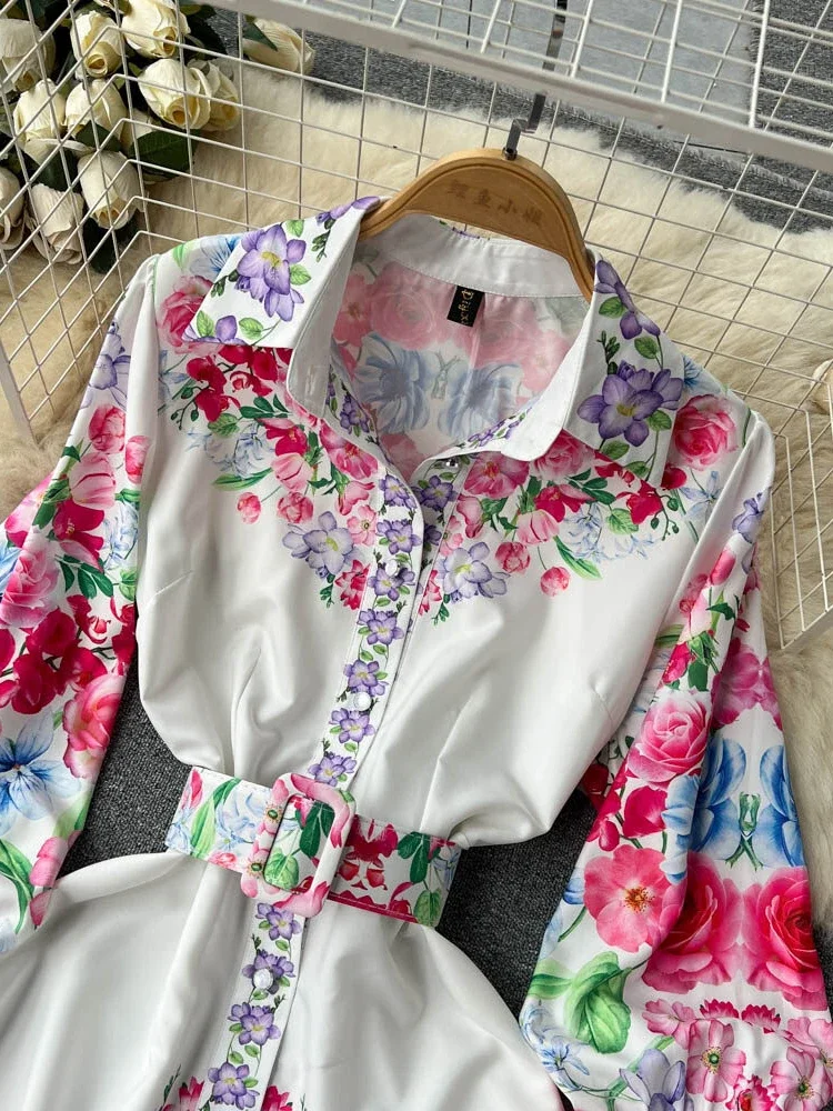 Abito camicia donna primavera autunno manica lunga bavero abiti floreali donna Vintage stampa monopetto abito da festa Vestidos