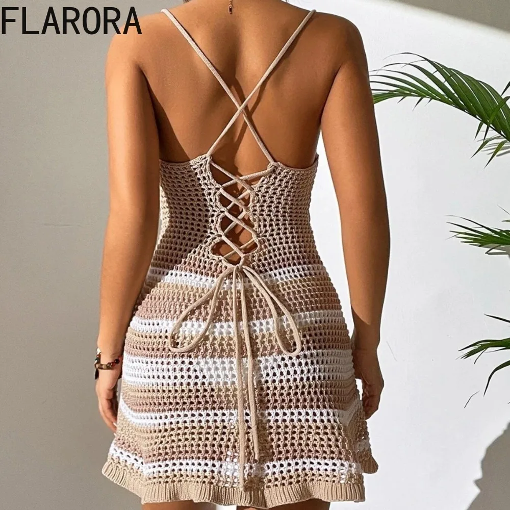 FLARORA Summer Beach Halter Knitted Mini Dress Woman Hollow Out Stripe Backless Dresses Holiday Party Sexy Bodycon Vestidos New