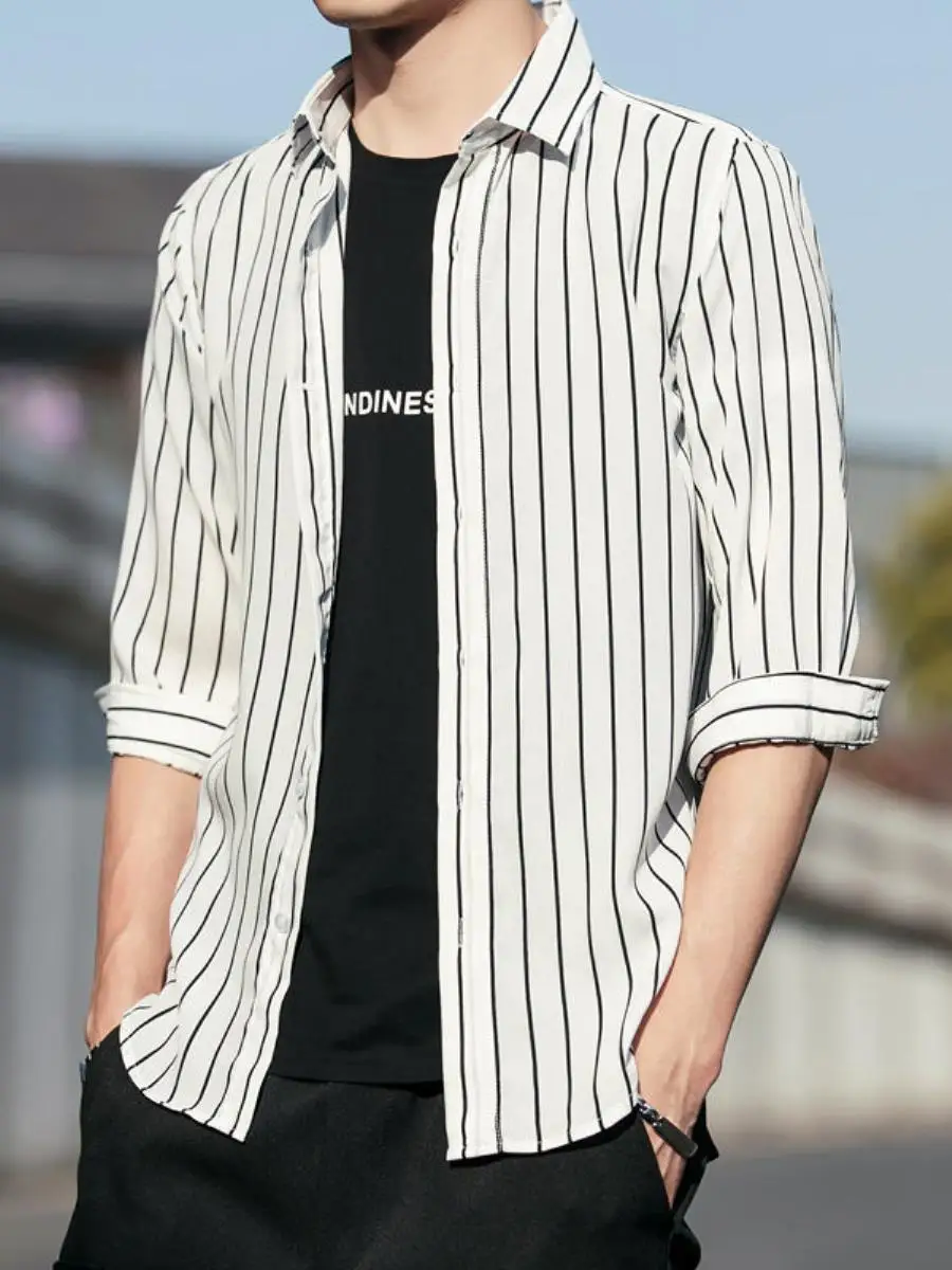 

Мужская приталенная повседневная футболка в полоску для весны и осени, в корейском стиле, молодежная, для повседневной носки