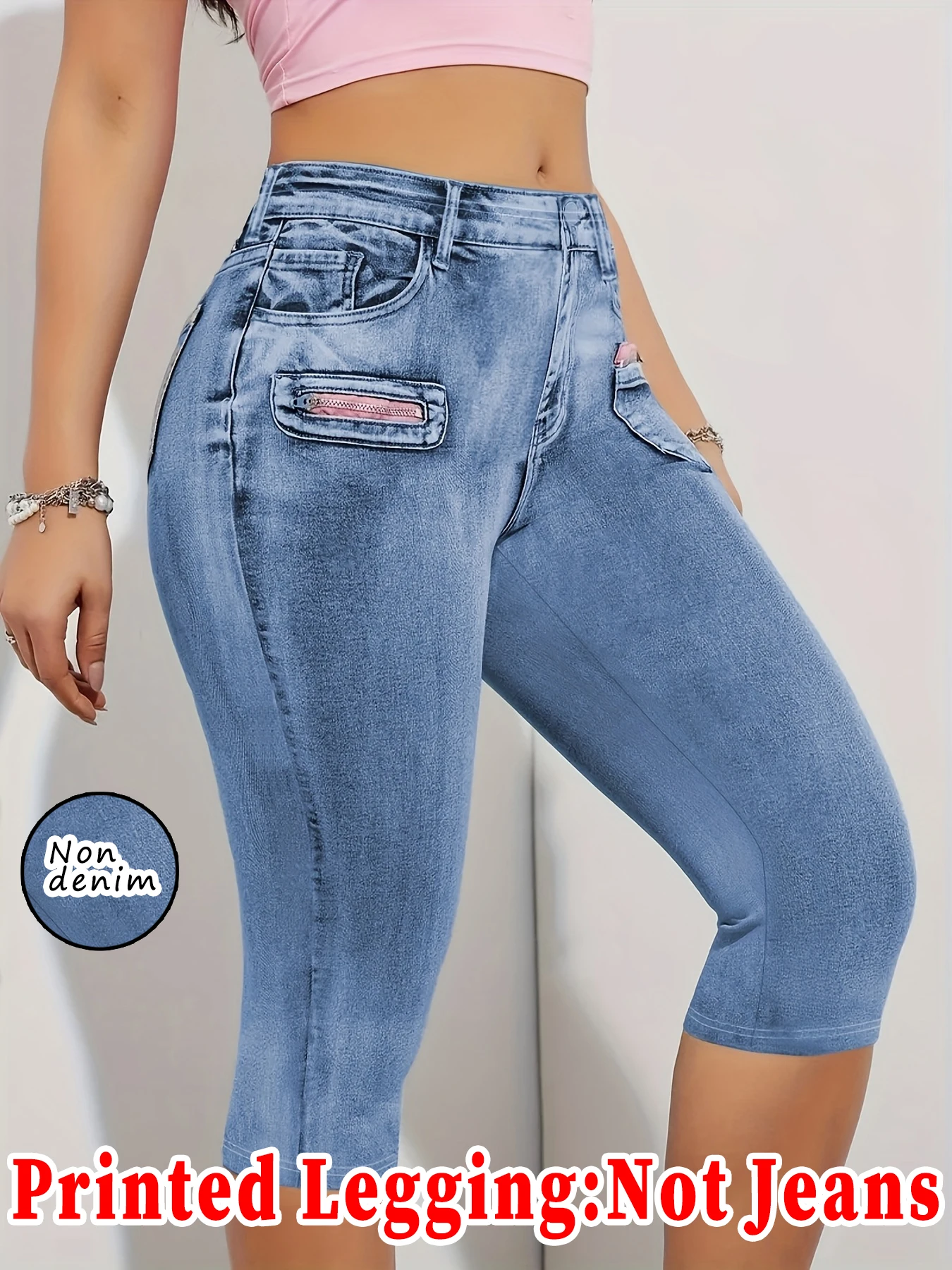 Fashionable Women's Printed Skinny Capris, High-Elastic Seamless Design with Mock Pockets, Ideal for Casual and Sports Wear