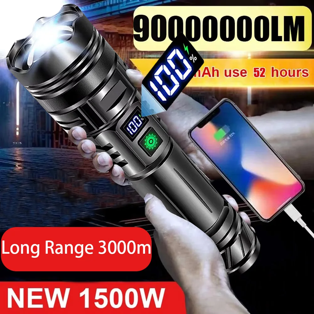 90000000LM Ultra Powerful Flashlight Zoom 3000M Long Range Torch High Power Led Flashlights Rechargeable Strong Tactical Lantern