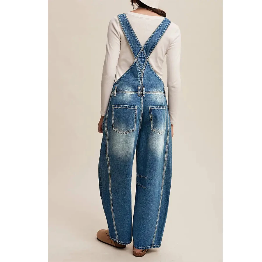 Women's Casual Style Denim Overalls High-Waist Wide-Leg Fit Gradient Wash + Multi-Pocket Everyday Versatile Pants