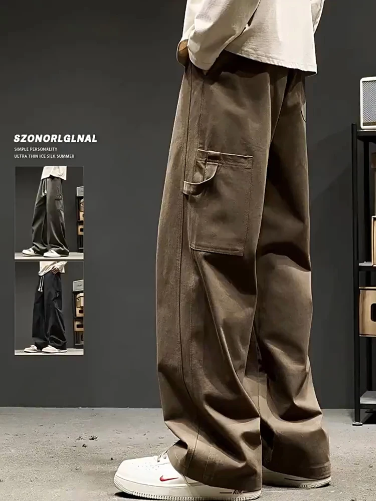 

Модные американские брюки в стиле ретро, ​​мужские хлопковые брюки прямого кроя с широкими штанинами, повседневные свободные длинные брюки с несколькими карманами