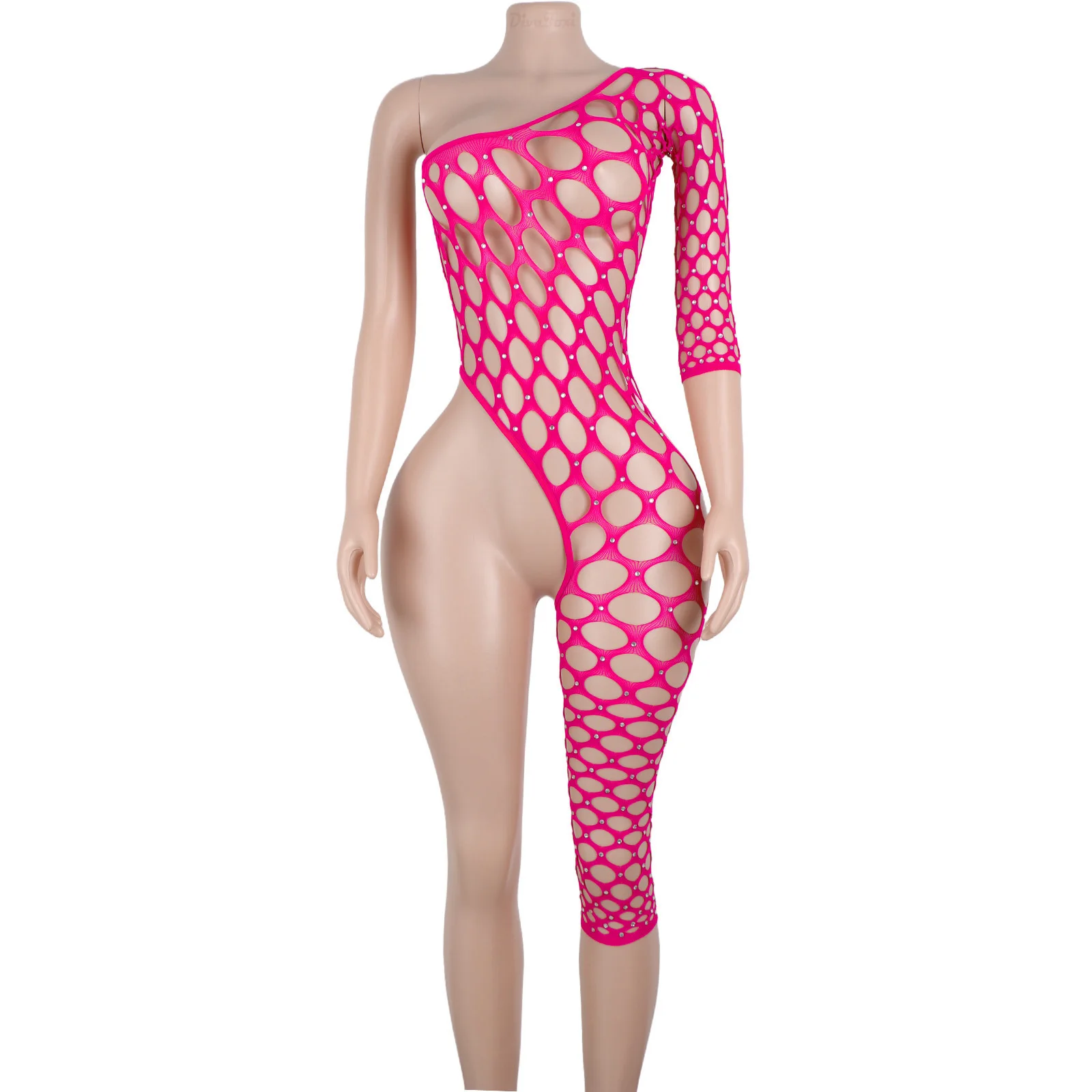 Ажурный комбинезон с вырезом, сетчатая экзотическая танцевальная одежда, брюки с длинными рукавами и стразами для девочек, эластичная одежда Go Go Pole, купальный костюм