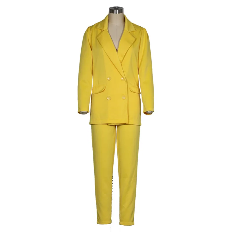 Spring Women Solid Long Sleeve Blazer Jacket Casual Pants Suit Office Lady Elegant Button Yellow 2 Piece Set OL Business Outfits