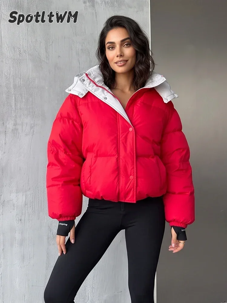 Women Hooded Puffer Padded Jacket Detachable Sleeves Reversible Stand Collar Zip Up Short Coat 2026 Lady Winter Warm Crop Coats