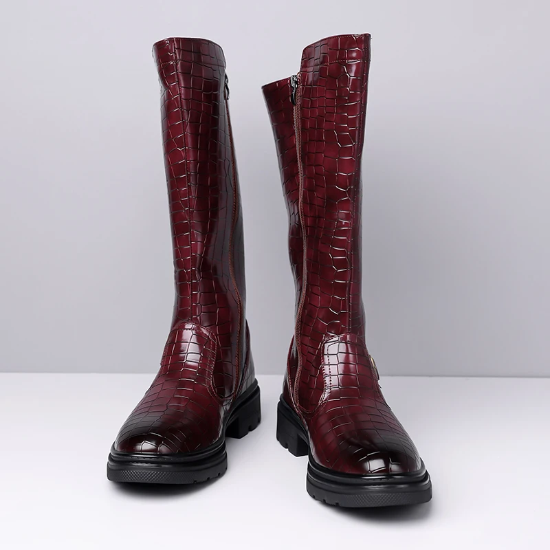 

High End Men Thick Soled Crocodile Patterned Long Boots Belt Buckle Personalized Fashion Plus Size (39-48) Motorcycle Boots