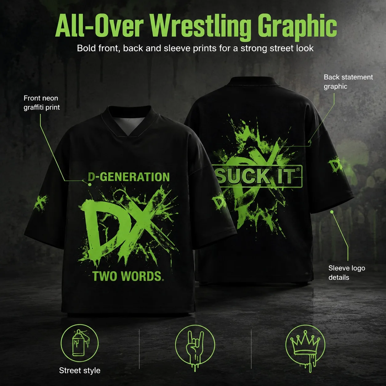 Unisex Schwarzes DX Wrestling Trikot mit Neon-Grünem Splash-Graffiti, D-Generation, V-Ausschnitt, Oversized Kurzarm-Streetwear-T-Shirt – Detail 2