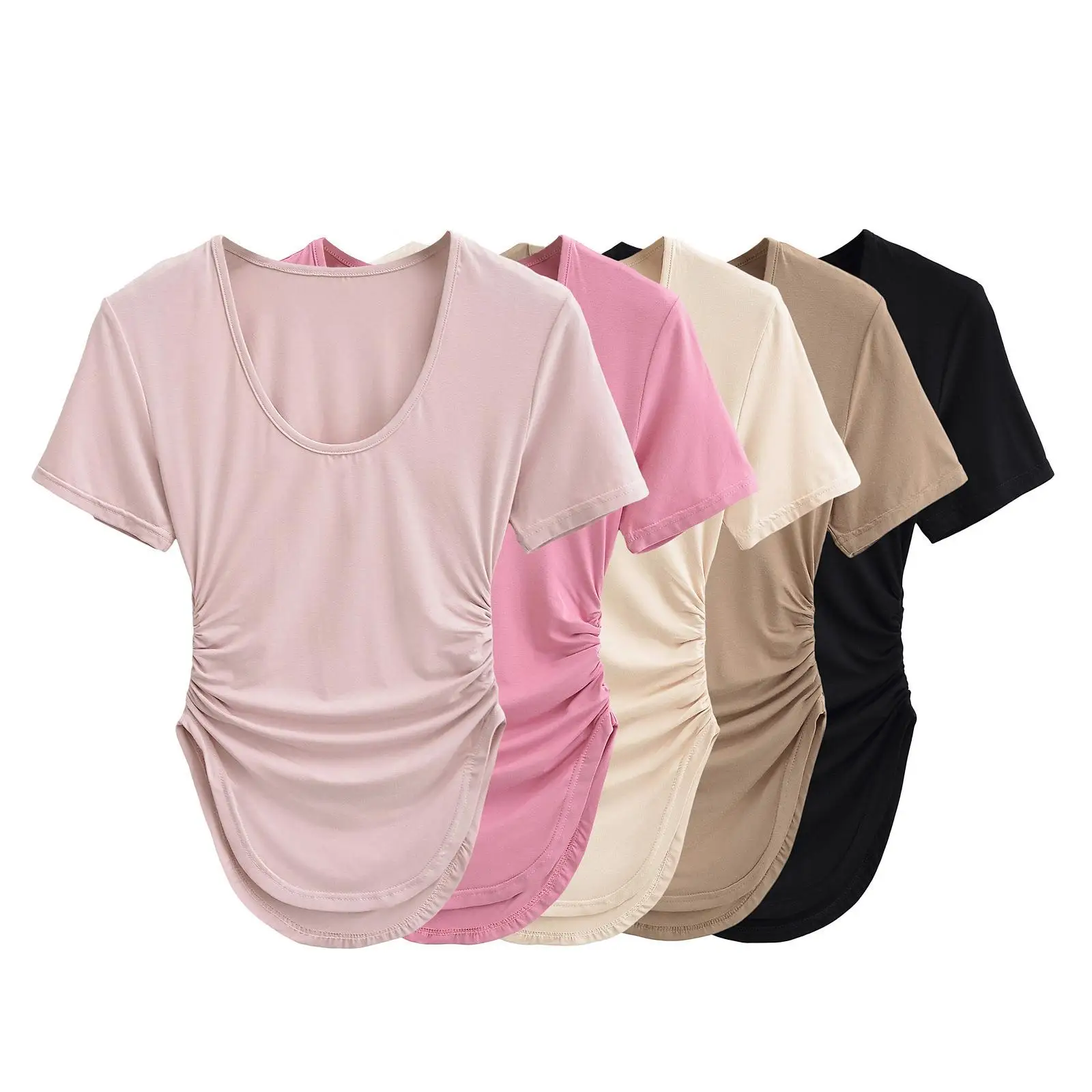 

T-Shape Waist Short Sved Elastic Tight Base Women's T-Shirt Comfortable Elastic Waist Short Sleeve Pullover Color