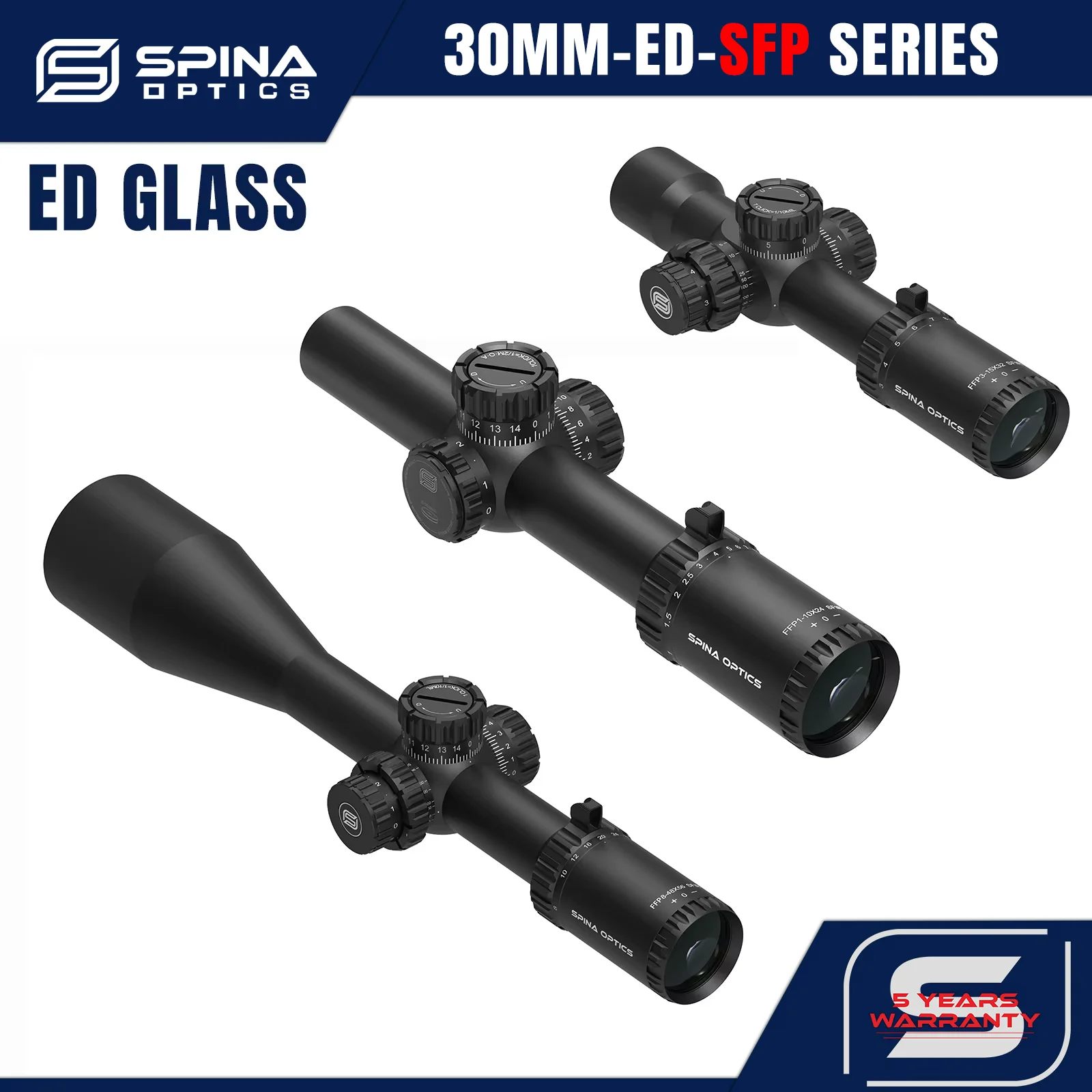 SPINA OPTICS 1-6x/7x/8x/9x/10x;5-40x;6-36x;10-60x;Second Focal Plane Scope,Extra-Low Dispersion Glass w Quick-Detach Mount