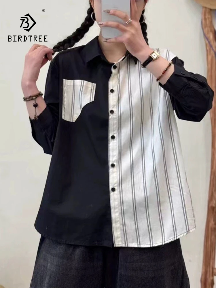

New 2025 Autumn Cotton Long Sleeve Shirt, Women Turn-down Collar Striped Patchwork, Mori Girl Retro Casual Loose Blouse T56258CC