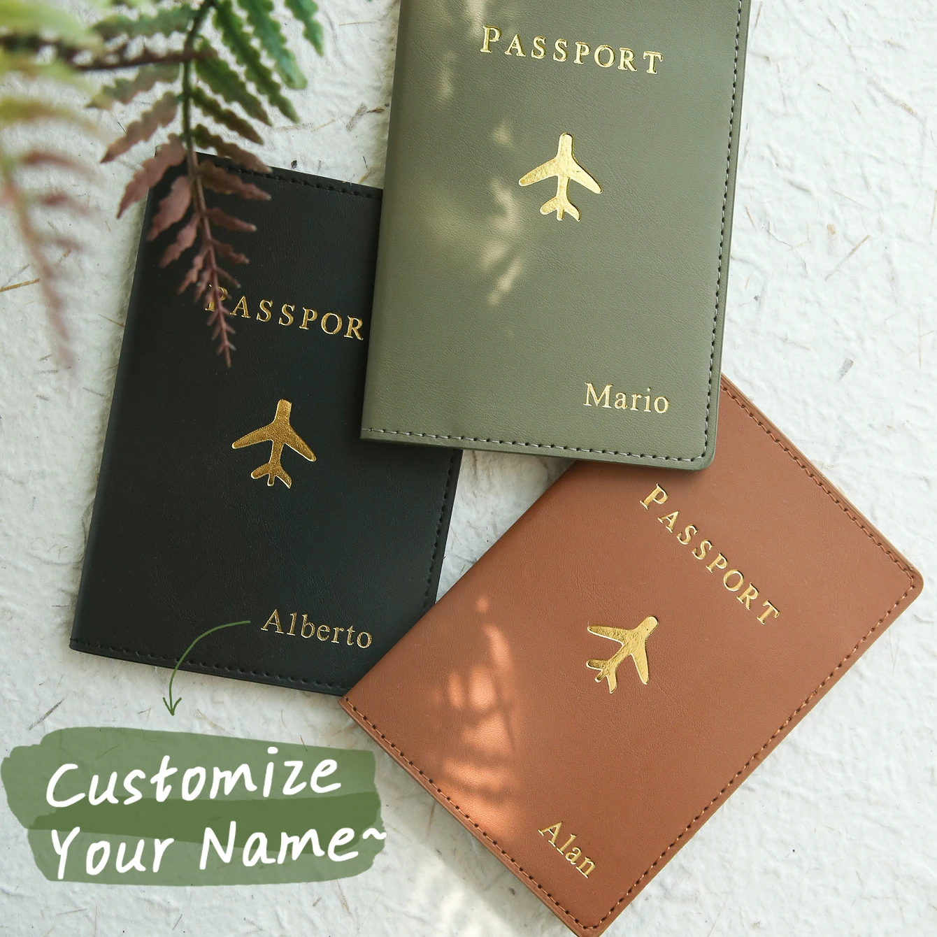 

Customized Gold Monogram Name Leather Passport Cover - Handmade Travel Accessory with Custom Hot Stamping