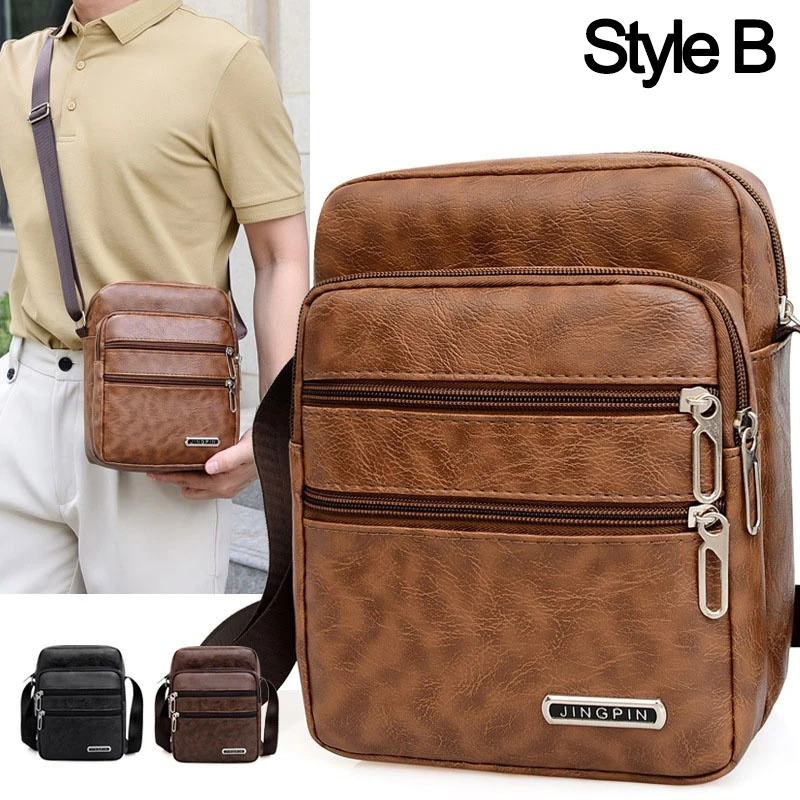Men Shoulder Bag Waterproof Large Capacity Messenger Bag Adjustable Strap Outdoor Travel PU Leather Casual Simple All-Match Bags