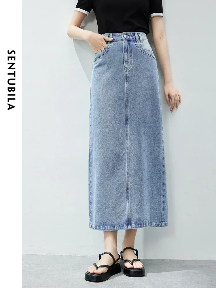 Sentubila mulheres algodão 100% saia jeans longa 2024 verão solto simples em linha reta cintura alta divisão casual maxi saias w42q54692