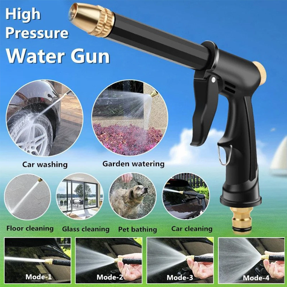 

High Pressure Water Gun for Car Washing, Garden Watering & Pet Bathing – 4 Spray Modes, Brass Nozzle, Multi-Use Cleaning Tool