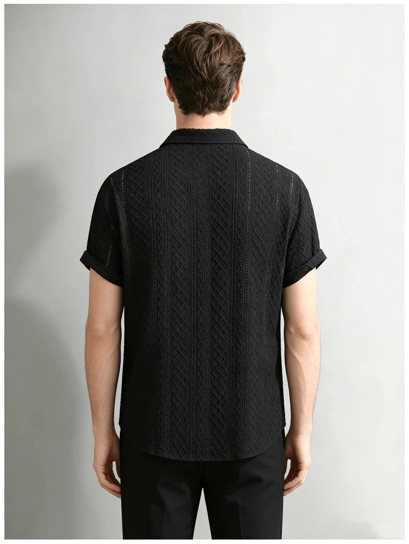 Open Diamond-Shaped Short-Sleeved Shirt, with Breathable Perforations, Low-Saturation Black Tone. Suitable for Beach Vacations,