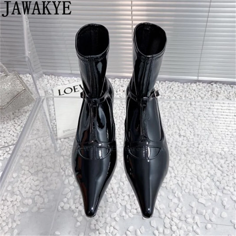 Patent Leather Kitten Heels Elastic Ankle Boots Women Winter Pointy Toe Chelsea Short Boots Autumn Fashion Week Slim Party Boots