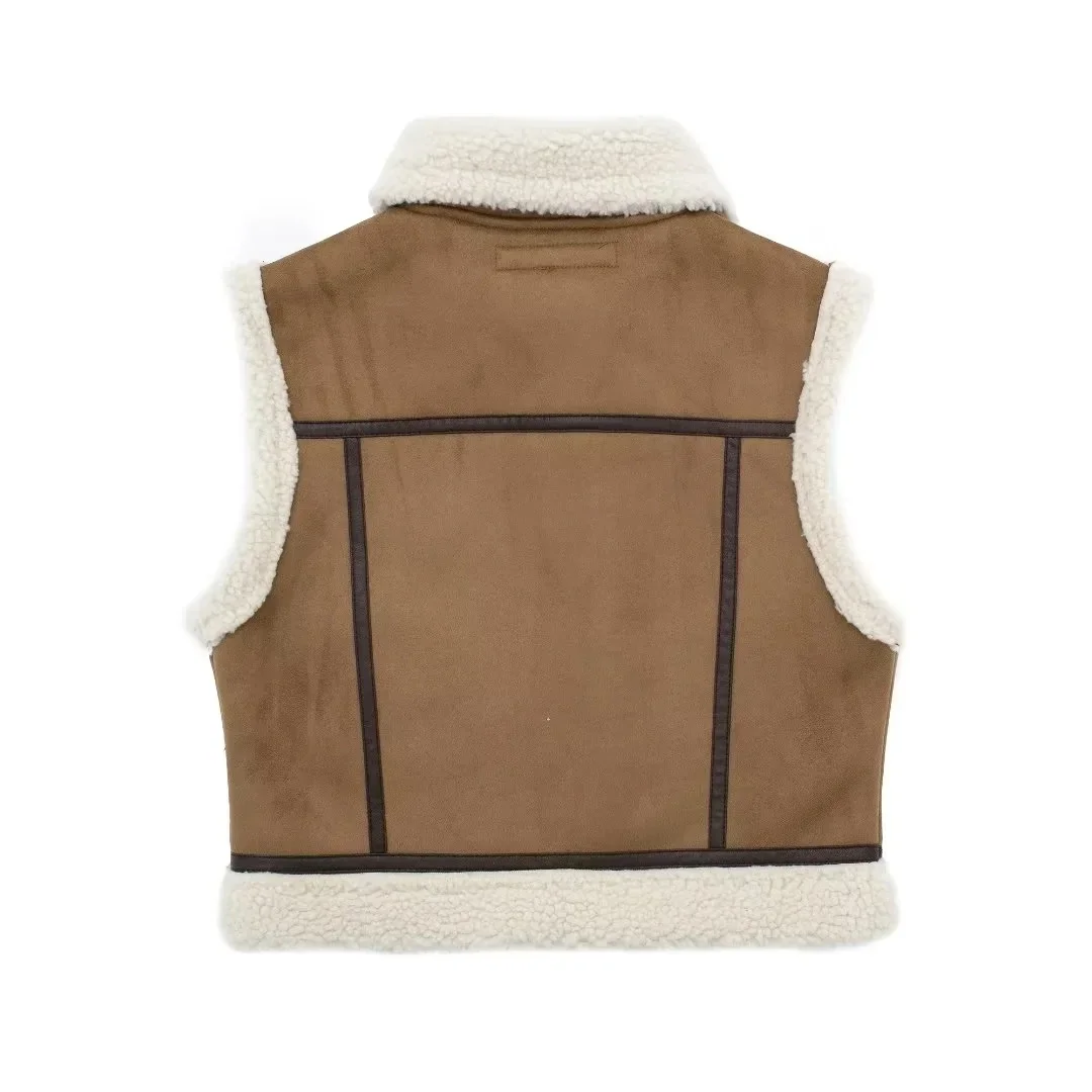 2023 Autumn Female Fashion Faux Leather Lambswool Patchwork Sleeveless Vest Jacket Thickening Warm Zip Waistcoats Coat