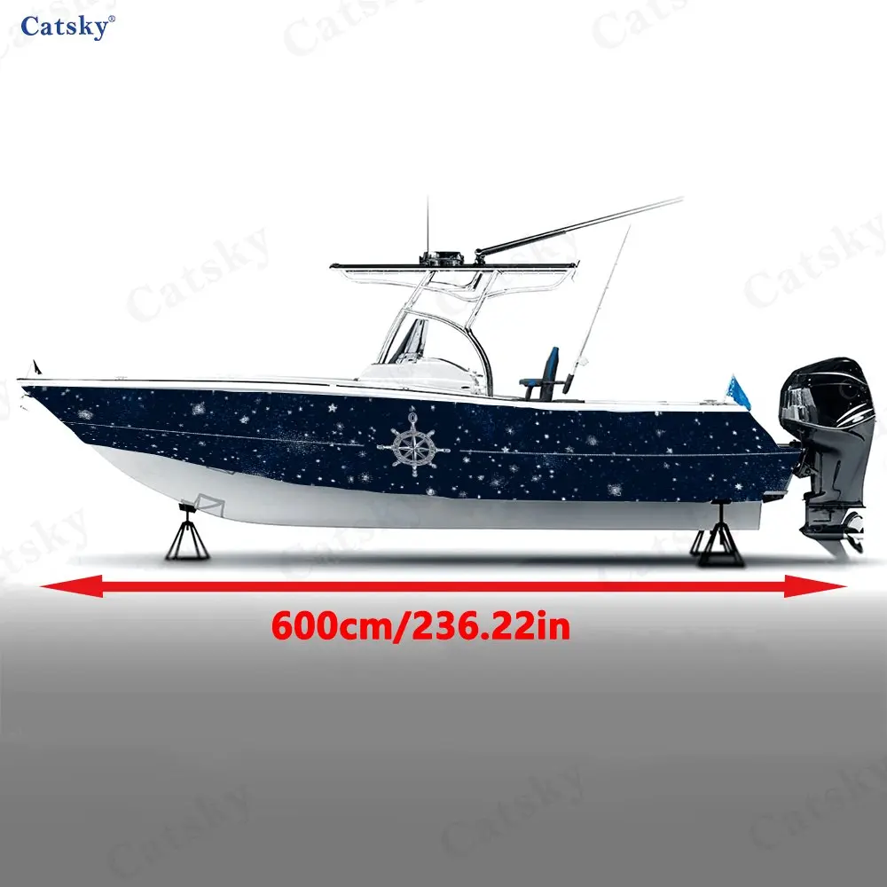 Blue Starry Sky Nautical Elements Boat Stickers, PVC Waterproof Vinyl Wrap Decals for Fishing Boats, Durable and Stylish Design
