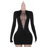 Sexy Hollow Out Drawstring Bandage Womens Black Goth Y2K Dress 2025 Spring Fashion Long Sleeve Party Club Dresses Mini Bodycon
