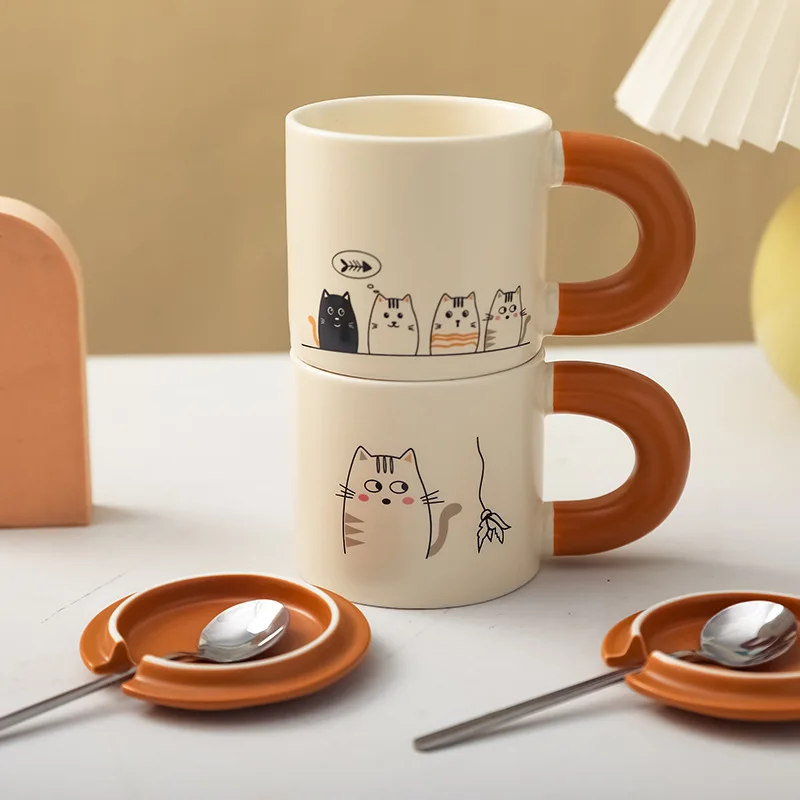 Ceramiczne kubki Cute Cat z łyżeczką Kawa Herbata Mleko Zwierzęce kubki z uchwytem 420ml Naczynia do picia Ładne prezenty