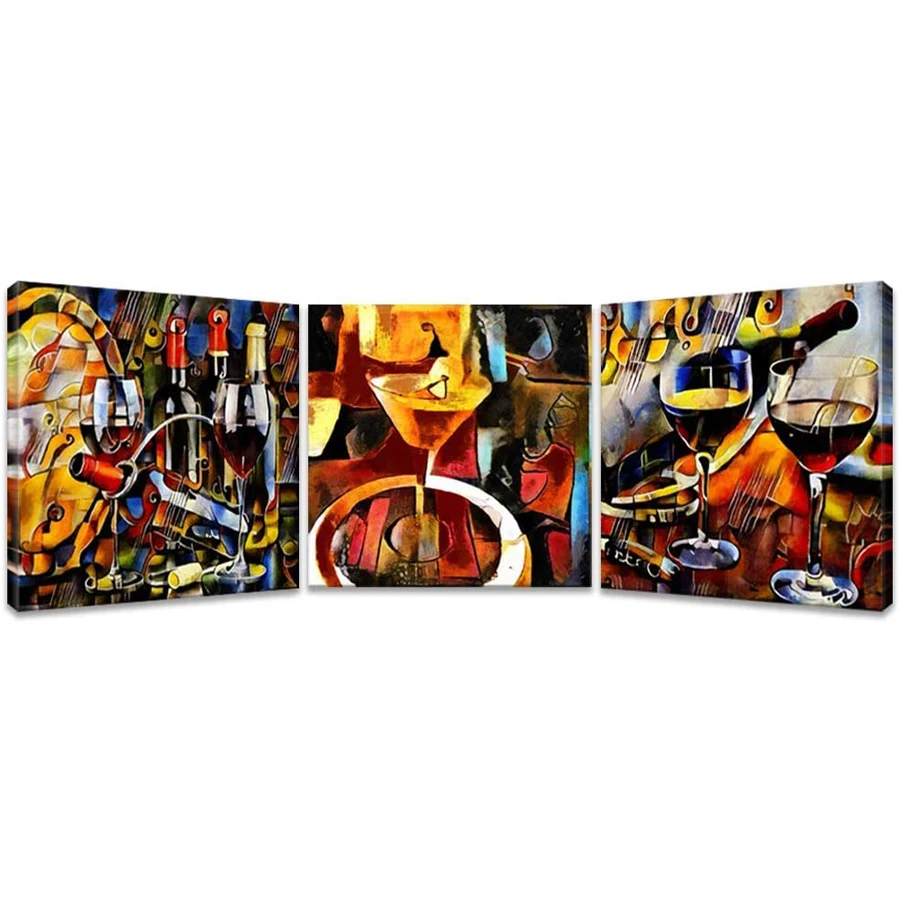 3 pieces of wine diamond painting cross stitch wall art abstract wine glasses and bottles 5D DIY diamond embroidery decoration