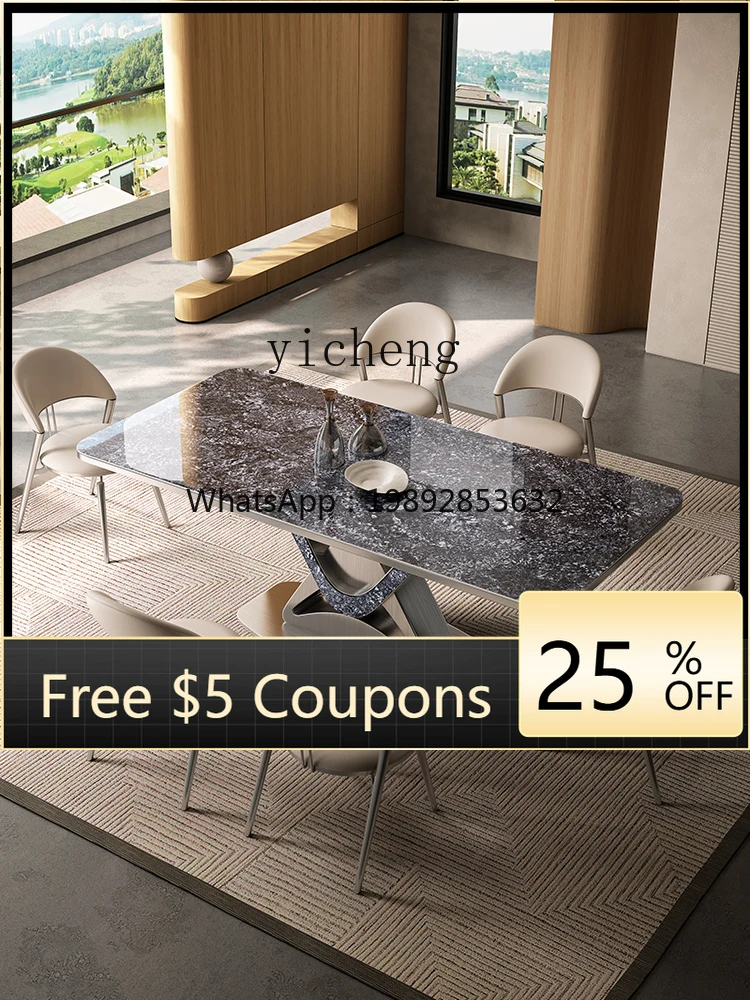 

Rock Plate Dining Table Combination Villa Marble Rectangular Dining Table and Chairs