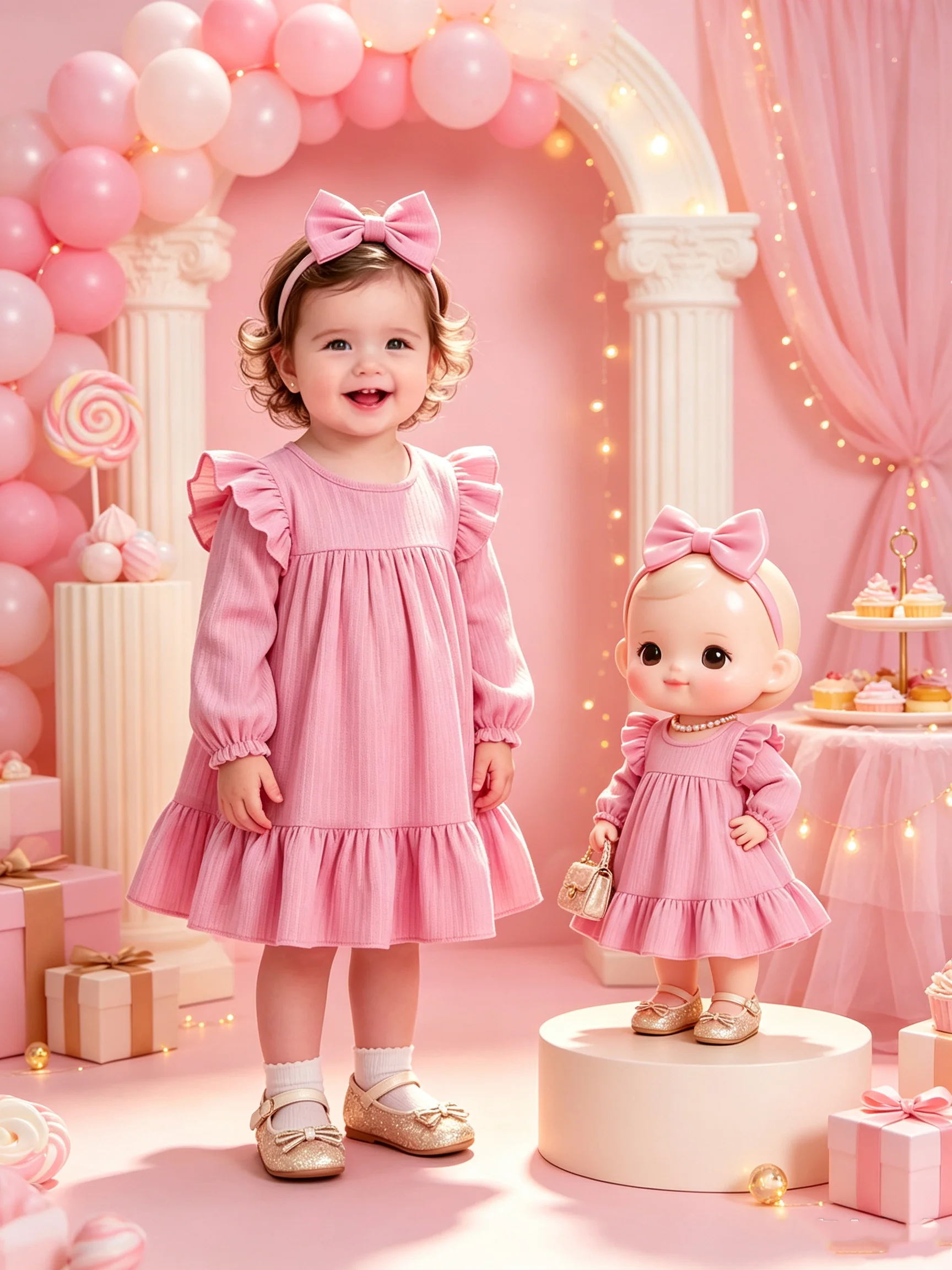 Children's Ruffled Long Sleeve Dress Casual round Neck Loose Knee-Length Skirt for Infants And Toddlers Mid-Length Skirt