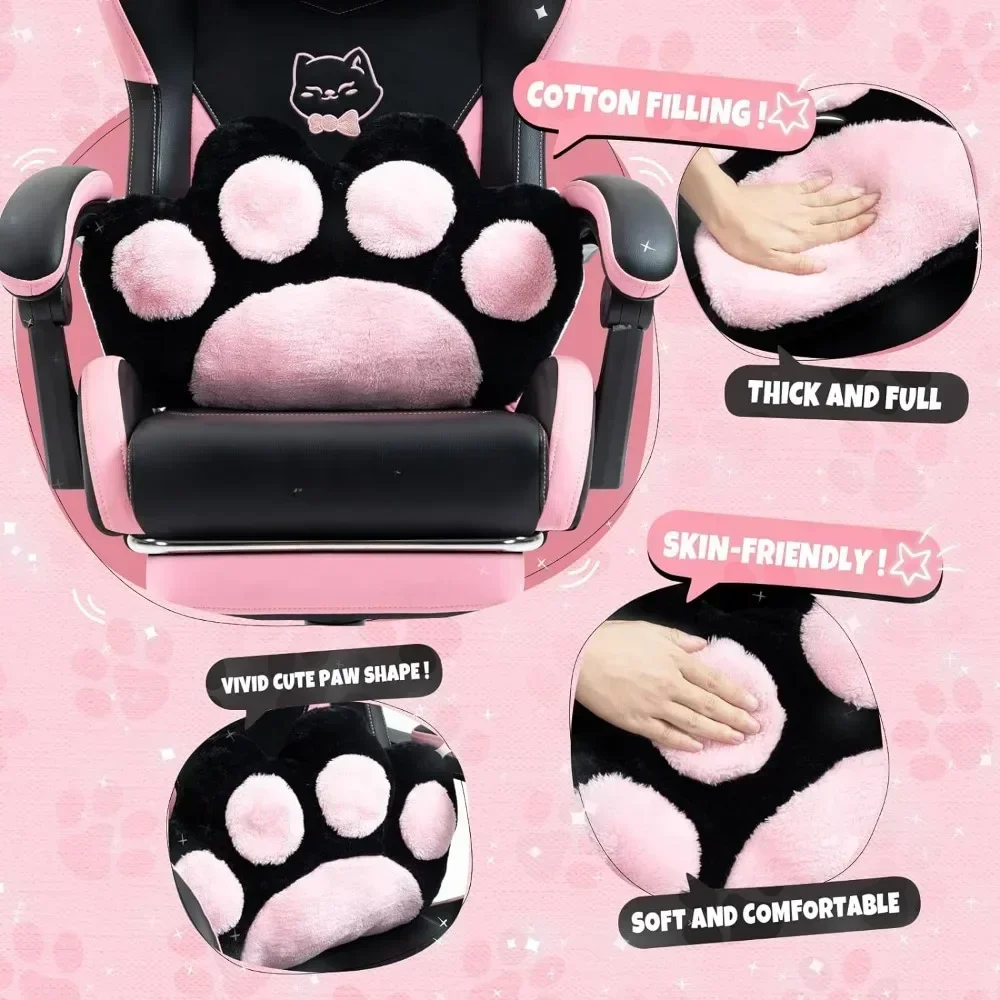 Cute Gaming Chair with Cat Paw Lumbar Cushion and Cat Ears, Ergonomic Computer Chair with Footrest, Reclining PC Game Chair