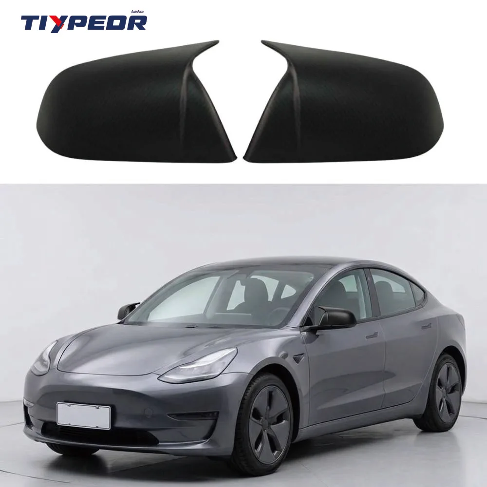 TIYPEOR Dry Carbon Fiber Mirror Cover Autoclave Process Stick on Type for Tesla Model 3 Highland 2018 - 2025 M LOOK Matte Finish