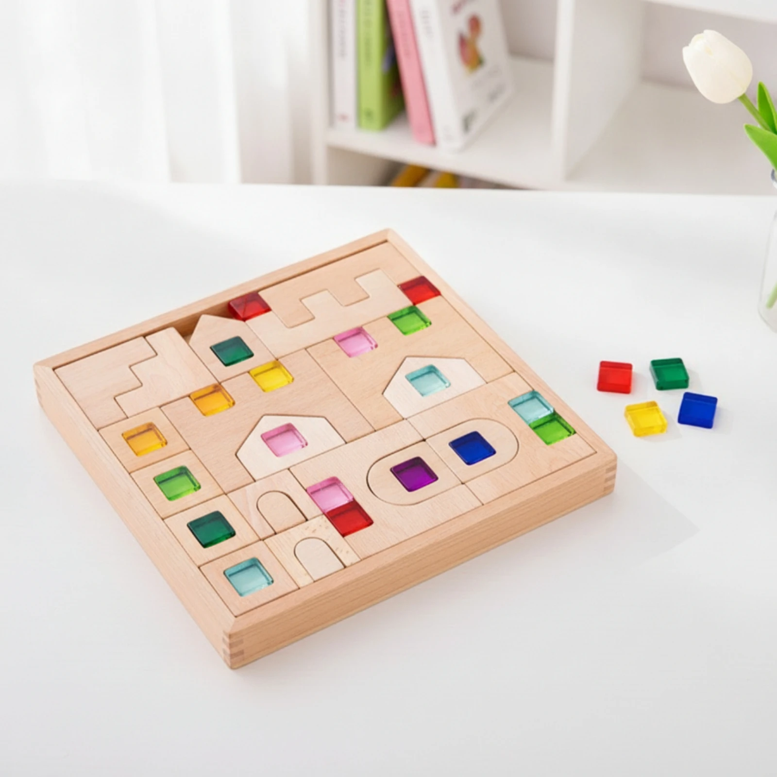 Shape Matching Board Translucent Wooden Puzzle Shape Puzzle Sturdy Toy Long-Lasting for Toddlers, Playroom, Preschool