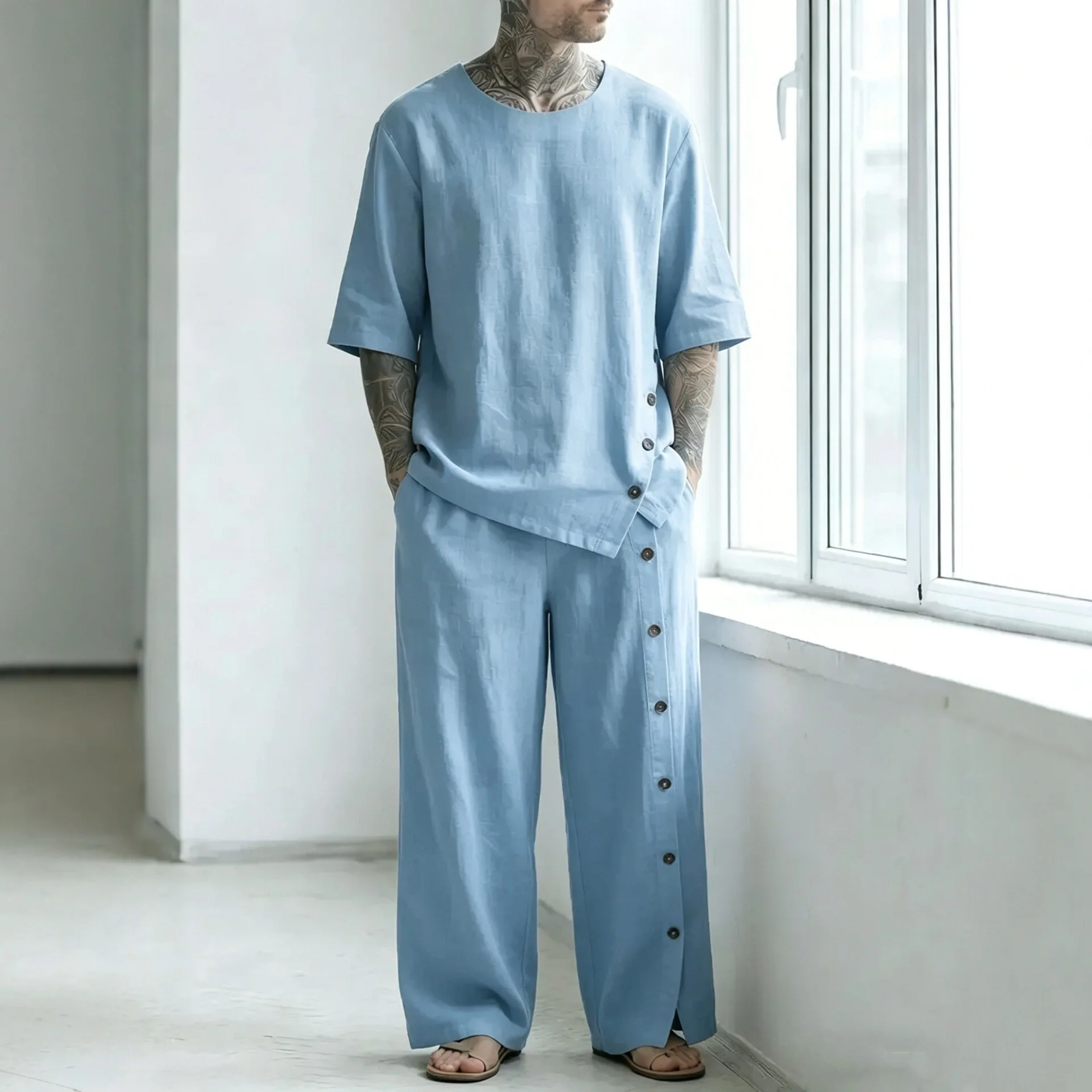 Men's Irregular Hem Trousers Set, Casual Button-up Half-sleeve Shirt Loose Two-piece Suit