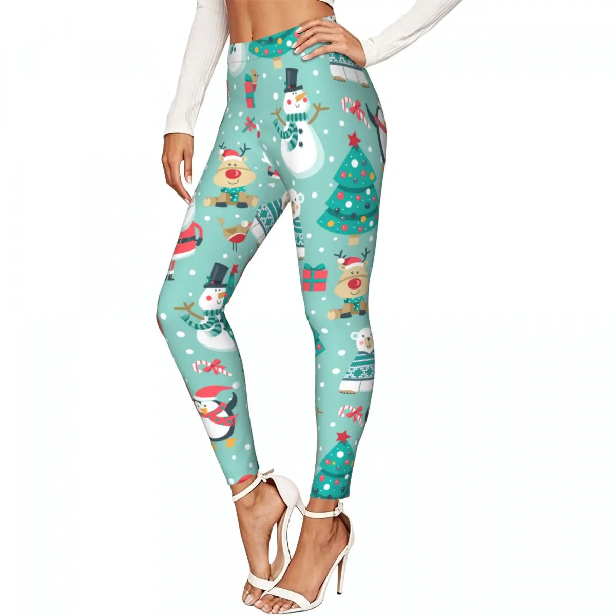 Casual Ladies Slim Leggings Christmas Cute Illustration Elastic High Waist Sports Daily Wear Trousers