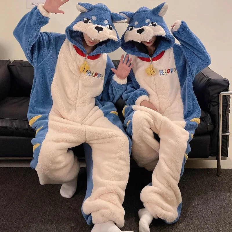 Winter Women's Sleepwear Cartoon Wolf Kigurumi Animal Hooded Lovely Playful Pajamas Couple Femme Men Zipper Hooded Robe Homewear