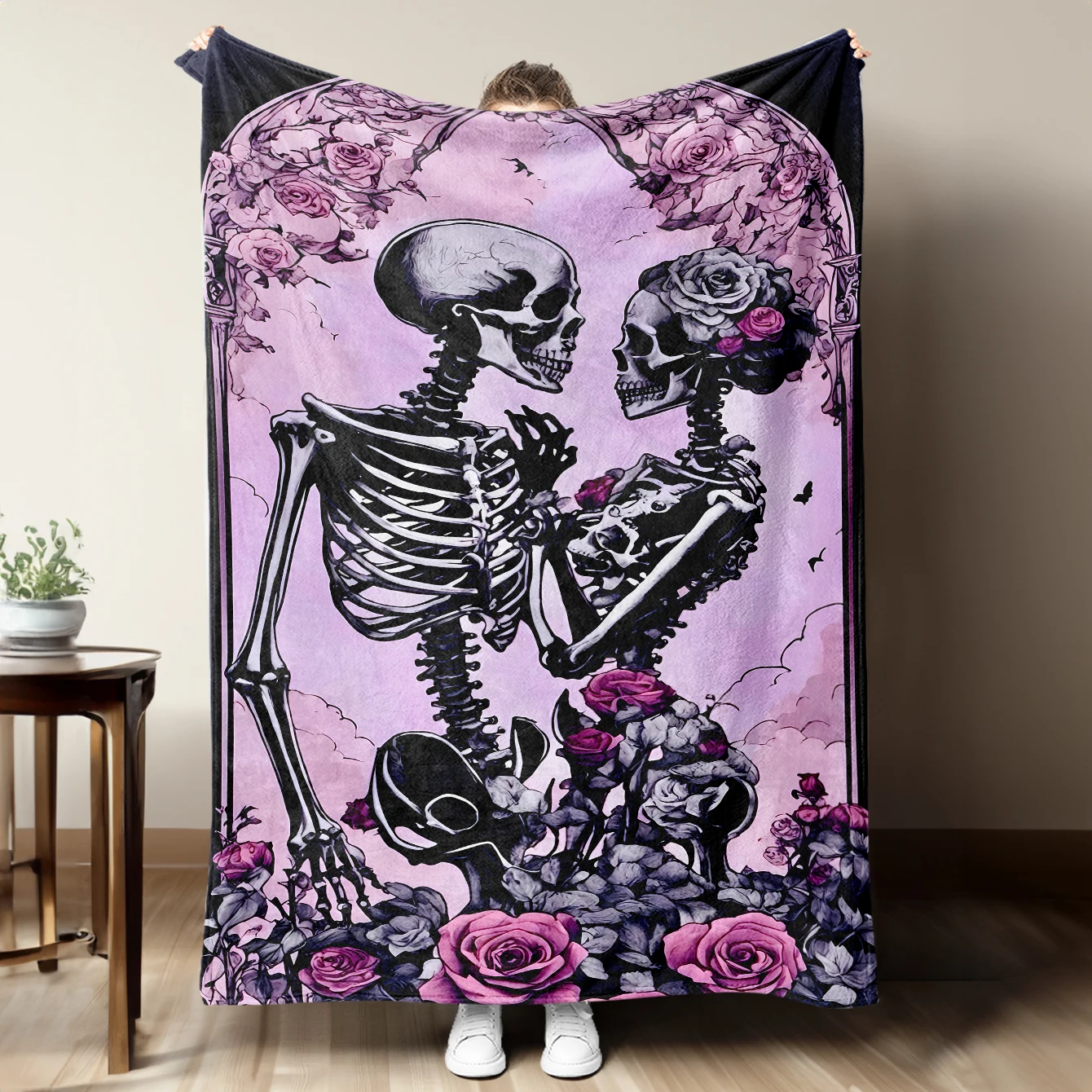 

1PC flannel blanket, pink skull couple rose pattern, Halloween digital print pattern plush bed blanket, small cover blanket