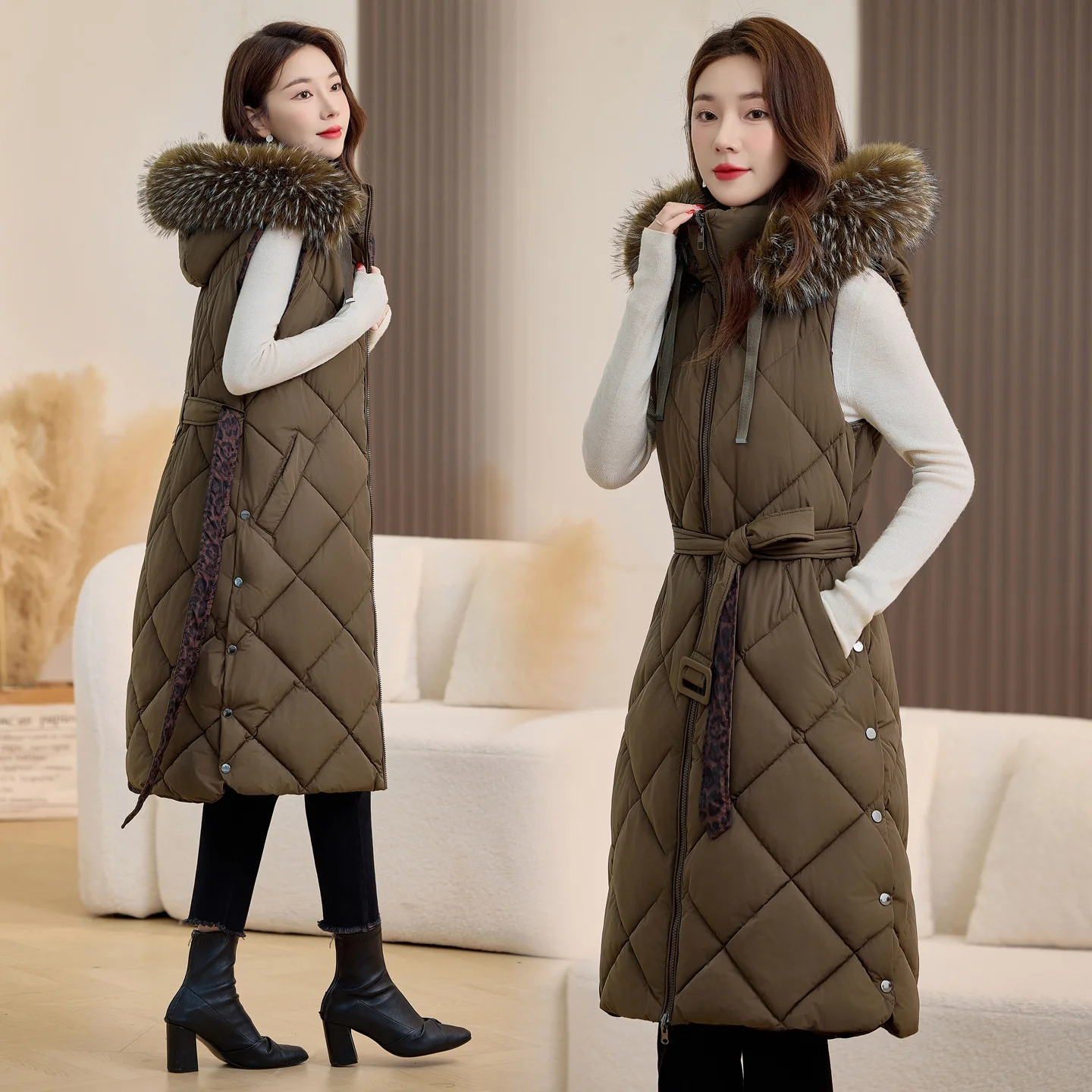 Removable Hat Big Fur Collar Over Knee Long Vest Women Leopard Print Cotton Clothes New Autumn Winter Warm Vest Female Waistcoat