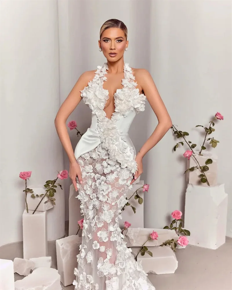 Robe de mariée sirène blanche pour femmes, avec doublure, Sexy, col licou, sans manches, formelle, fleur 3D, élégante, Robe de soirée pour invités
