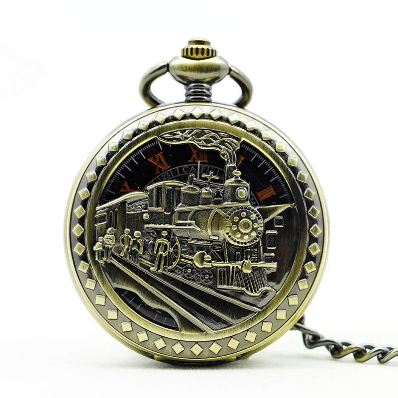 Vintage Retro Bronze Hollow Train Locomotive Steampunk Quartz Pocket Watch Women Men Necklace Pendant with Chain Birthday Gift