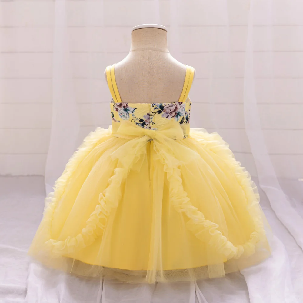 Girl 1st Birthday Baptism Party Dress Baby Girls Floral Dresses Toddler Yellow Fashion Evening Cake Gown Kids Daily Holiday Wear