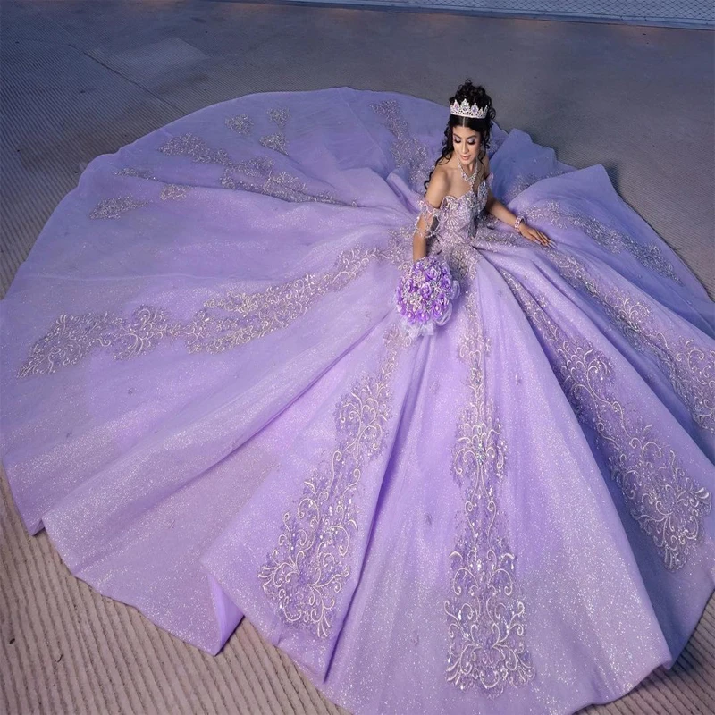 Lavender Bling Ball Gown Quinceanera Dresses 2023 Bride Off Shoulder Sequin Applique Palace Dream Princess Wedding Dress